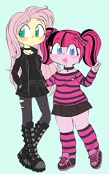 Size: 1286x2048 | Tagged: safe, artist:ocado7, artist:sidruni, imported from derpibooru, fluttershy, pinkie pie, equestria girls, :<, alternate hairstyle, boots, bow, choker, chokershy, chubbie pie, chubby, clothes, colored pupils, demonia swing 815, duo, eye clipping through hair, eyebrows, eyebrows visible through hair, female, goth, hair bow, jacket, looking at you, looking sideways, pansexual pride flag, pigtails, pride, pride flag, shirt, shoes, simple background, skirt, smiling, socks, striped shirt, striped socks, studded choker, twintails