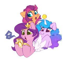 Size: 1500x1400 | Tagged: safe, alternate version, artist:mirtash, edit, imported from derpibooru, izzy moonbow, pipp petals, sunny starscout, earth pony, pegasus, pony, unicorn, adorapipp, ball, blushing, cellphone, cute, female, freckles, g5, grin, heart, horn, hornball, izzy's tennis ball, izzybetes, mare, meta, open mouth, phone, raised hoof, simple background, smartphone, smiling, sunnybetes, tennis ball, twitter, unshorn fetlocks, white background