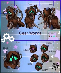 Size: 818x976 | Tagged: safe, artist:pridark, imported from derpibooru, oc, oc only, oc:gear works, cyborg, cyborg pony, pony, augmentation, chaos, chibi, clothes, commission, crossover, dark mechanicus, emotions, fanfic art, hood, reference sheet, robe, robotic arm, servo arm, solo, techpriest, warhammer (game), warhammer 40k