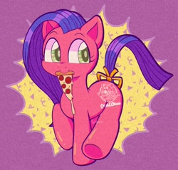 Size: 2048x1954 | Tagged: safe, artist:ocado7, artist:sidruni, imported from derpibooru, pony, bow, chuck e cheese, chuck e cheese pony, chuck e. cheese, cute, food, g1, grainy, mouth hold, pizza, slice of pizza, solo, tail bow, toy interpretation