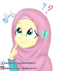 Size: 1080x1283 | Tagged: safe, artist:edy_january, artist:fluttershy_art.nurul, artist:nurulhikmah1810, edit, imported from derpibooru, vector edit, fluttershy, equestria girls, cute, female, hairpin, hijab, islam, islamashy, question mark, religion, shyabetes, solo, vector