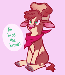 Size: 873x1000 | Tagged: safe, artist:equinoxette, imported from derpibooru, arizona cow, cow, them's fightin' herds, :p, arizona (tfh), arizonadorable, bandana, bread, bread head, cloven hooves, community related, cute, female, floppy ears, food, i lik the bred, misspelling, pink background, simple background, sitting, solo, tongue out