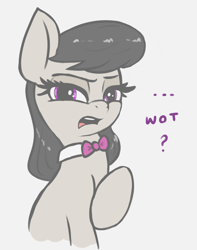 Size: 1297x1648 | Tagged: safe, artist:t72b, imported from derpibooru, octavia melody, earth pony, pony, ..., background pony, bowtie, britavia, british, bust, female, looking at you, mare, octavia is not amused, octchavia, raised hoof, simple background, solo, u wot m8, unamused