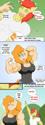 Size: 1914x5267 | Tagged: safe, artist:matchstickman, imported from derpibooru, bright mac, pear butter, anthro, earth pony, abs, armpits, biceps, breasts, brightbutter, busty pear butter, clothes, comic, dazed, deltoids, dialogue, duo, ear flick, ear twitch, female, flexing, male, mare, matchstickman's pear buffer series, muscles, pear buffer, pecs, raised arm, shipping, shirt, speech bubble, stallion, straight