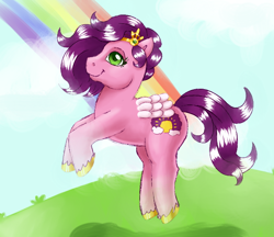 Size: 670x580 | Tagged: safe, artist:archego-art, artist:tilling-tan, imported from derpibooru, pipp petals, pegasus, pony, cloud, female, g1, g5, g5 to g1, generation leap, grass, green eyes, mare, rainbow, raised hoof, sky, smiling, solo, unshorn fetlocks, wings