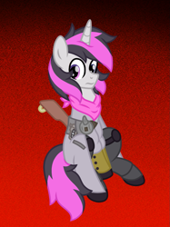 Size: 899x1200 | Tagged: safe, artist:froyo15sugarblast, imported from derpibooru, oc, oc only, oc:shining silverdiamond, pony, unicorn, armor, bandana, gradient background, gun, heterochromia, horn, male, noise, red and black, solo, unicorn oc, weapon