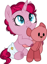 Size: 382x518 | Tagged: safe, artist:katnekobase, artist:rickysocks, imported from derpibooru, oc, oc only, oc:agarita fizzy pie, pony, unicorn, baby, baby pony, base used, cute, freckles, magical lesbian spawn, ocbetes, offspring, parent:pinkie pie, parent:tempest shadow, parents:tempestpie, simple background, solo, teddy bear, transparent background