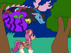 Size: 1032x774 | Tagged: safe, artist:wolfspiritclan, imported from derpibooru, sunny starscout, oc, oc:aqua breeze, draconequus, earth pony, pony, spoiler:g5, braid, environment art, female, g5, grass, mare, sky, tree