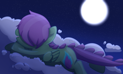 Size: 1515x913 | Tagged: safe, artist:orangemoonarts, imported from derpibooru, oc, oc only, oc:rainbolt, pony, base used, cloud, full moon, hair over eyes, interspecies offspring, lying down, lying on a cloud, moon, offspring, on a cloud, parent:scootaloo, parent:spike, parents:scootaspike, solo