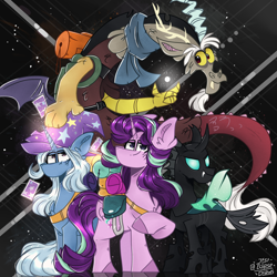 Size: 3000x3000 | Tagged: safe, artist:jxst-starly, imported from derpibooru, discord, starlight glimmer, thorax, trixie, changeling, draconequus, pony, unicorn, to where and back again, backpack, clothes, ear fluff, female, high res, magic, male, mare, playing card, reformed four, scarf, telekinesis