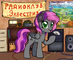 Size: 2458x2000 | Tagged: safe, artist:megabait, imported from derpibooru, oc, oc only, pegasus, pony, cable, cyrillic, electronics, equestria map, female, file cabinet, headphones, high res, map, mare, microphone, music speakers, radio, radio clubhouse, radio station, russian, solo, speaker, translated in the comments, transmitter, wires