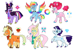 Size: 1280x854 | Tagged: safe, artist:me-my-elf-and-i, imported from derpibooru, applejack, fluttershy, pinkie pie, rainbow dash, rarity, twilight sparkle, alicorn, earth pony, pegasus, pony, unicorn, alternate cutie mark, appledash, bowtie, clothes, cloven hooves, coat markings, colored wings, feathered fetlocks, female, flarity, glasses, goggles, heterochromia, lesbian, mane six, multicolored wings, neckerchief, necktie, rainbow wings, scarf, shipping, simple background, socks (coat markings), transparent background, twilight sparkle (alicorn), unshorn fetlocks, wings