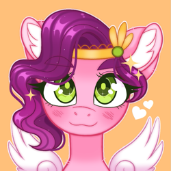 Size: 775x775 | Tagged: safe, artist:duskinova, imported from derpibooru, pipp petals, pegasus, pony, adorapipp, blushing, bust, cute, ear fluff, eyebrows, eyebrows visible through hair, eyelashes, female, g5, green eyes, heart, looking at you, lowres, mare, orange background, png, portrait, simple background, smiling, solo, sparkles, spread wings, spreading, wings