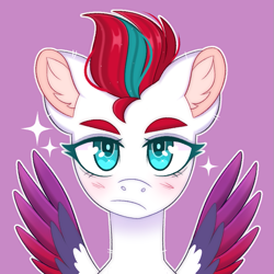 Size: 775x775 | Tagged: safe, artist:duskinova, imported from derpibooru, zipp storm, pegasus, pony, blue eyes, blushing, bust, colored wings, ear fluff, eyebrows, eyelashes, female, g5, looking at you, lowres, mare, multicolored wings, portrait, purple background, simple background, solo, sparkles, spread wings, spreading, unamused, wing fluff, wings