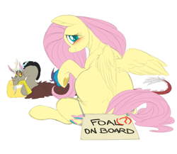 Size: 9093x7894 | Tagged: safe, artist:snspony, imported from derpibooru, discord, fluttershy, draconequus, pegasus, pony, discoshy, female, frog (hoof), male, preggoshy, pregnant, rear view, shipping, simple background, solo focus, straight, underhoof, white background