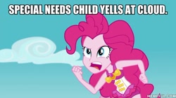 Size: 600x337 | Tagged: safe, edit, edited screencap, editor:applejackfan204, imported from derpibooru, screencap, pinkie pie, equestria girls, equestria girls series, forgotten friendship, caption, clothes, image macro, king of the hill, old man yells at cloud, simpsons did it, solo, swimsuit, text, the simpsons