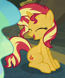 Size: 482x579 | Tagged: safe, imported from derpibooru, screencap, princess celestia, sunset shimmer, pony, unicorn, equestria girls, equestria girls series, forgotten friendship, cropped, cute, cutie mark, eyes closed, female, horn, mare, offscreen character, open mouth, shimmerbetes, sitting, smiling, three quarter view