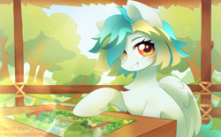 Size: 5000x3092 | Tagged: safe, artist:dedfriend, imported from derpibooru, oc, oc only, pegasus, pony, backlighting, blushing, chest fluff, cottagecore, female, folded wings, freckles, gazebo, jigsaw puzzle, lens flare, looking at you, map, mare, outdoors, puzzle, sitting, sky, smiling, solo, table, tree, wings, yellow eyes