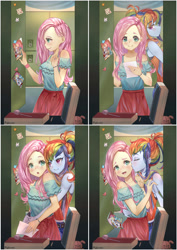 Size: 1280x1803 | Tagged: safe, artist:pigliiicorn, imported from derpibooru, fluttershy, rainbow dash, equestria girls, cheek kiss, commission, female, flutterdash, hug, hug from behind, kiss on the cheek, kissing, lesbian, lockers, photo, shipping