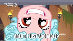 Size: 800x450 | Tagged: safe, edit, edited screencap, imported from derpibooru, screencap, cozy glow, pegasus, pony, frenemies (episode), season 9, caption, cozybetes, cute, discovery family logo, female, filly, foal, grin, image macro, imgflip, looking at you, pure concentrated unfiltered evil of the utmost potency, pure unfiltered evil, smiling, solo, talking to viewer, text, truth, upside down