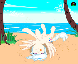 Size: 5090x4210 | Tagged: safe, artist:kyoshyu, imported from derpibooru, oc, oc only, oc:gallery dart, pegasus, pony, absurd resolution, beach, female, horses doing horse things, mare, palm tree, rolling, sand, solo, tongue out, tree, vector