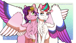 Size: 1879x1078 | Tagged: safe, artist:inuhoshi-to-darkpen, imported from derpibooru, pipp petals, zipp storm, pegasus, pony, cheek fluff, chest fluff, colored wings, duo, ear fluff, female, g5, hoof fluff, looking at you, mare, multicolored wings, royal sisters (g5), shoulder fluff, siblings, sisters, smiling, spread wings, text, tongue out, wing fluff, wings