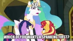 Size: 600x337 | Tagged: safe, edit, edited screencap, editor:applejackfan204, imported from derpibooru, screencap, princess celestia, sunset shimmer, twilight sparkle, alicorn, pony, unicorn, equestria girls, equestria girls series, forgotten friendship, caption, female, image macro, implied spanking, mare, memeful.com, text, twilight sparkle (alicorn)