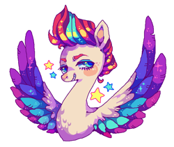 Size: 698x590 | Tagged: safe, artist:njeekyo, imported from derpibooru, zipp storm, pegasus, pony, bust, chest fluff, colored wings, female, g5, mare, multicolored wings, portrait, simple background, smiling, solo, spread wings, stars, white background, wings