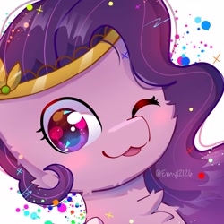 Size: 3000x3000 | Tagged: safe, artist:emyjk, artist:mlpfan3991, imported from derpibooru, pipp petals, pegasus, pony, spoiler:mlp friendship is forever, :3, abstract background, adorapipp, blushing, bust, cheek fluff, chest fluff, chibi, cute, digital art, female, g5, high res, looking at you, mare, mlpg5, my little pony, my little pony: a new adventure, my little pony: a new generation, one eye closed, portrait, solo, wink