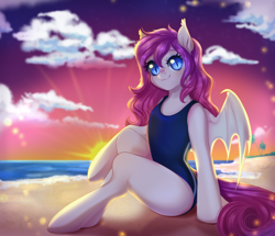 Size: 2380x2050 | Tagged: safe, artist:kawipie, imported from derpibooru, oc, oc only, oc:candy bat, oc:luscious desire, bat pony, pony, beach, blue swimsuit, clothes, happy, high res, missing cutie mark, one-piece swimsuit, sand, sitting, smiling, solo, spread wings, sunset, swimsuit, wings