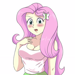 Size: 2952x2952 | Tagged: safe, artist:sumin6301, imported from derpibooru, fluttershy, equestria girls, blushing, breasts, busty fluttershy, cleavage, high res, looking at you, open mouth, simple background, solo, white background
