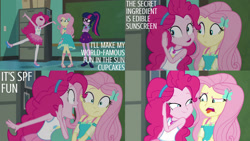 Size: 1280x720 | Tagged: safe, edit, edited screencap, editor:quoterific, imported from derpibooru, screencap, fluttershy, pinkie pie, sci-twi, twilight sparkle, equestria girls, equestria girls series, forgotten friendship, bowtie, chalkboard, clothes, crossed arms, cutie mark, cutie mark on clothes, female, geode of fauna, geode of sugar bombs, geode of telekinesis, glasses, hairpin, jewelry, magical geodes, necklace, nose in the air, open mouth, ponytail, sandals, shoes, tanktop, tongue out