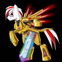 Size: 2160x2160 | Tagged: safe, imported from derpibooru, oc, oc only, oc:red cross, pegasus, pony, armor, artificial wings, augmented, element of generosity, element of honesty, element of kindness, element of laughter, element of loyalty, element of magic, elements of harmony, glasses, halo, high res, hoof hold, male, pegasus oc, simple background, stallion, sword, weapon, wings