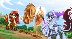 Size: 2600x1400 | Tagged: safe, artist:redahfuhrerking, imported from derpibooru, oc, oc only, oc:mystic fire, oc:silver scorch, kirin, apprentice, field, magic, peaks of peril, rock, spell card, staff, training, tree