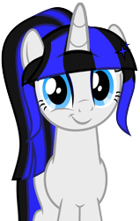 Size: 2239x3528 | Tagged: safe, artist:severity-gray, imported from derpibooru, oc, oc only, oc:coldlight bluestar, pony, unicorn, base used, cute, eyeshadow, female, high res, horn, looking at you, makeup, mare, ponytail, smiling, smiling at you, solo, tail