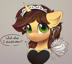 Size: 1280x1147 | Tagged: safe, artist:radioaxi, artist:reterica, imported from derpibooru, oc, oc only, oc:joshua lemonbrew, oc:joshua weedminster, pony, unicorn, clothes, crossdressing, duster, horn, looking at you, maid, solo, talking to viewer