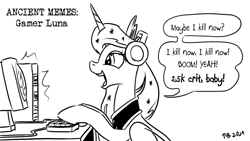 Size: 1200x675 | Tagged: safe, artist:pony-berserker, imported from derpibooru, princess luna, alicorn, pony, gamer luna, computer, crown, female, happy, headset, jewelry, keyboard, mare, pony-berserker's twitter sketches, regalia, sketch, yelling