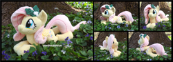 Size: 4890x1754 | Tagged: safe, artist:peruserofpieces, imported from derpibooru, fluttershy, pegasus, pony, beanie (plushie), female, flower, holly, irl, lying down, mare, photo, plushie, prone, smiling, sploot, tree, wings