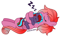 Size: 1200x731 | Tagged: safe, artist:jennieoo, imported from derpibooru, oc, oc only, oc:charming dazz, oc:rosebud, pegasus, pony, unicorn, colt, foal, hug, male, show accurate, simple background, sleeping, transparent background