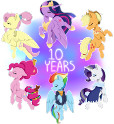 Size: 1875x2038 | Tagged: safe, artist:king-justin, imported from derpibooru, applejack, fluttershy, pinkie pie, rainbow dash, rarity, twilight sparkle, alicorn, pegasus, pony, unicorn, the last problem, alternate hairstyle, crown, cutie mark, eyes closed, happy birthday mlp:fim, hoof shoes, jewelry, mane six, mlp fim's tenth anniversary, older, older applejack, older fluttershy, older mane six, older pinkie pie, older rainbow dash, older rarity, older twilight, peytral, princess twilight 2.0, regalia, simple background, transparent background, twilight sparkle (alicorn)