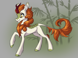 Size: 4000x3000 | Tagged: safe, artist:faline-art, imported from derpibooru, autumn blaze, kirin, abstract background, ear fluff, female, high res, hoof fluff, horn, leonine tail, open mouth, raised hoof, solo, tail, unshorn fetlocks