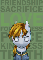 Size: 1070x1500 | Tagged: safe, artist:kirasunnight, imported from derpibooru, oc, oc:littlepip, pony, unicorn, fallout equestria, clothes, eyes closed, jumpsuit, scar, vault suit