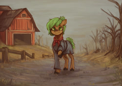 Size: 1280x905 | Tagged: safe, artist:wonderblue, imported from derpibooru, oc, oc only, earth pony, pony, fallout equestria, barn, clothes, commission, dead tree, farm, raised hoof, scarf, solo, tree
