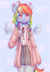 Size: 1722x2467 | Tagged: safe, artist:zefirka, imported from derpibooru, rainbow dash, pegasus, pony, semi-anthro, alternate hairstyle, clothes, cute, dashabetes, floating wings, solo, wings