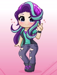 Size: 3072x4096 | Tagged: safe, artist:kittyrosie, imported from derpibooru, starlight glimmer, equestria girls, absurd resolution, beanie, blushing, clock, clothes, cute, female, glimmerbetes, gradient background, hat, heart eyes, high res, human coloration, looking at you, peace sign, ripped pants, shoes, smiling, smiling at you, solo, torn pants, wingding eyes