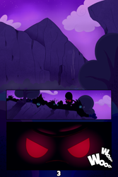 Size: 2100x3150 | Tagged: safe, artist:chaosllama, imported from derpibooru, comic:fall of friendship, cliff, comic, creature, glowing eyes, group, high res, onomatopoeia, silhouette