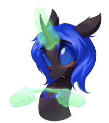 Size: 1096x1232 | Tagged: safe, artist:littmosa, imported from derpibooru, oc, oc only, oc:swift dawn, changeling, blue changeling, blushing, changeling oc, commission, eyebrows, eyebrows visible through hair, fangs, hand, horn, looking at you, magic, magic hands, male, shy, simple background, smiling, solo, stallion, transparent background, ych result