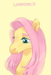 Size: 684x1004 | Tagged: safe, artist:sonnatora, imported from derpibooru, fluttershy, pony, bust, cute, daaaaaaaaaaaw, female, hoers, mare, portrait, realistic anatomy, shyabetes, simple background, solo, yellow background