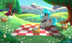 Size: 2000x1200 | Tagged: safe, artist:julie25609, imported from derpibooru, oc, oc only, oc:sorajona, oc:sorajona darkwing, pony, rabbit, animal, bandana, bush, clothes, easter, easter egg, female, flower, happy, hill, holiday, kerchief, lying down, mare, mountain, nature, picnic, picnic blanket, scarf, scene hair, sitting, solo, sunlight, sunny, tree