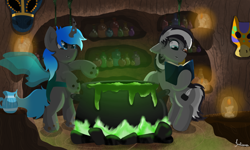 Size: 2000x1200 | Tagged: safe, artist:julie25609, imported from derpibooru, oc, oc:dusk, oc:dusk avenheart, oc:kryostasis, bat pony, changeling, pony, book, bottle, campfire, candle, changeling oc, cooking pot, fire, masks, mysterious, potions, reading, shelf, standing, vase, voodoo, wood